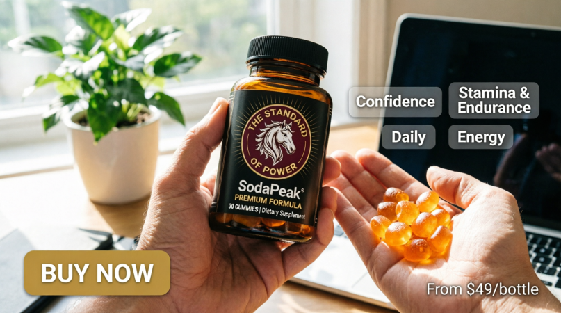 hand holding amber gummy supplements beside a supplement bottle at a home desk