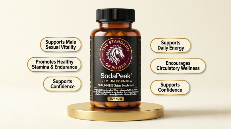 amber bottle of men's vitality gummies on a gold display stand